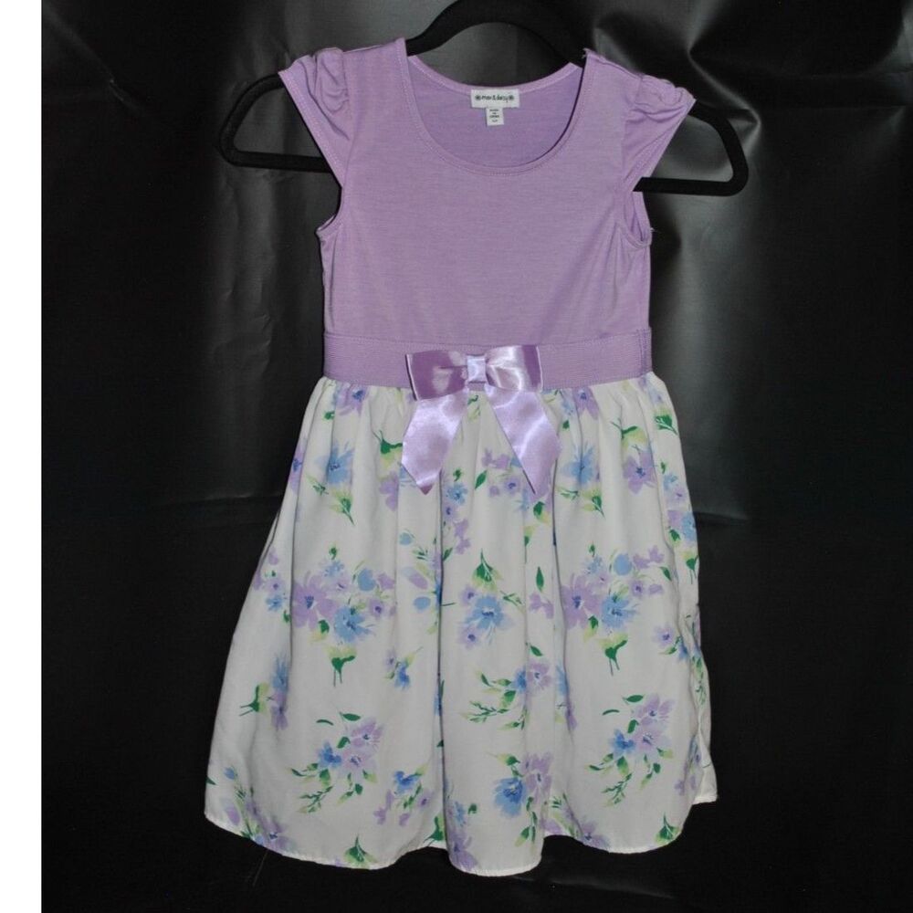 max & daisy girls lilac floral dress with purple bow. size 6 or 6X